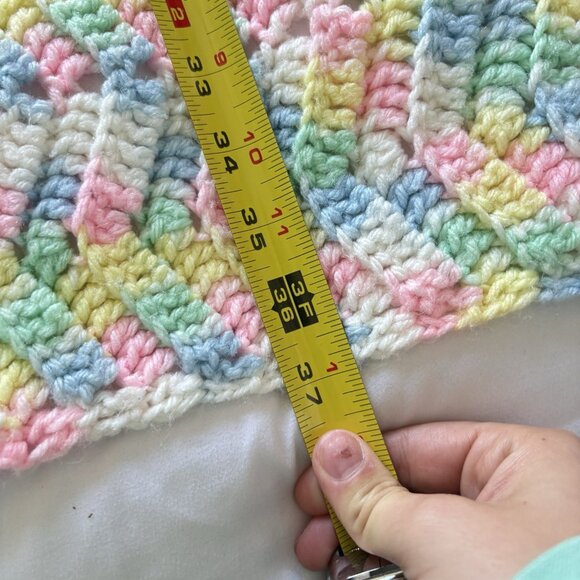 Handmade Pastel Crochet Baby Blanket Throw Yellow Pink Zigzag Knit Nursery 35x37 - Picture 6 of 7